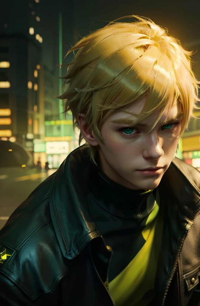 a close up of a person in a leather jacket and a city, persona 5 art style wlop, blonde boy with green eyes, modern cyberpunk anime, young blonde boy fantasy thief, artgerm and atey ghailan, key anime art, artwork in the style of guweiz, male anime character, kda, dio brando
