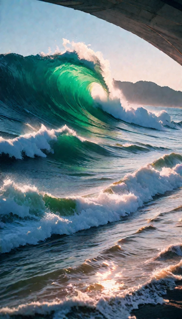(8K, RAW photos, best quality, masterpiece: 1.4), (((The moment when the tsunami engulfed the isolated island)))，Ultra-high resolution, Extremely detailed, light, (Raging waves, The waves are green:1.2), Green water, High-quality shadows, Natural Lighting, (White highlights:1.2), cloudy day, (islands:1.2), (Overlooking:1.2)