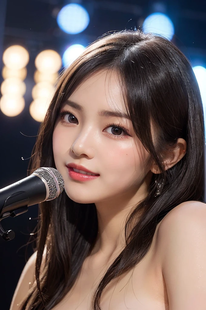(masterpiece:1.3), High resolution, Super detailed, Highly detailed CG Unity 8k wallpaper, Realistic, photo-Realistic, RAW Photos, Beautifully detailed face, Pale skin, Realistic glistening skin, Detailed cloth texture, Detailed hair texture, Perfect body, Beautiful Face, Accurate, Anatomically correct, Highly detailed face and skin texture, Natural neck length, (Beautiful Hands), (Fair skin:1.1), (Good teeth alignment:1.1), (Sweaty skin:1.2),
break,
Fine grain, Symmetrical eyes, Light brown eyes, double eyelid, Thin eyebrows, (Glossy Lips:1.4), ((A face waiting for a kiss:1.2)), (blush:1.1), (Sparkly little hair accessories:1.1), (Beautiful smile:1.1), (Holding a microphone:1.3),
break,
(An elegant and cute 16-year-old junior idol:1.3), (nude, Browsing Caution, Very erotic nipples:1.4),
break,
Medium large breasts, Slim figure, Toned Abs,
((Half Up, Black Hair, bangs:1.2)), (Cowboy Shot:1.2), (View your viewers), Cowboy Shot, From above,
break,
(Singing on stage:1.3),