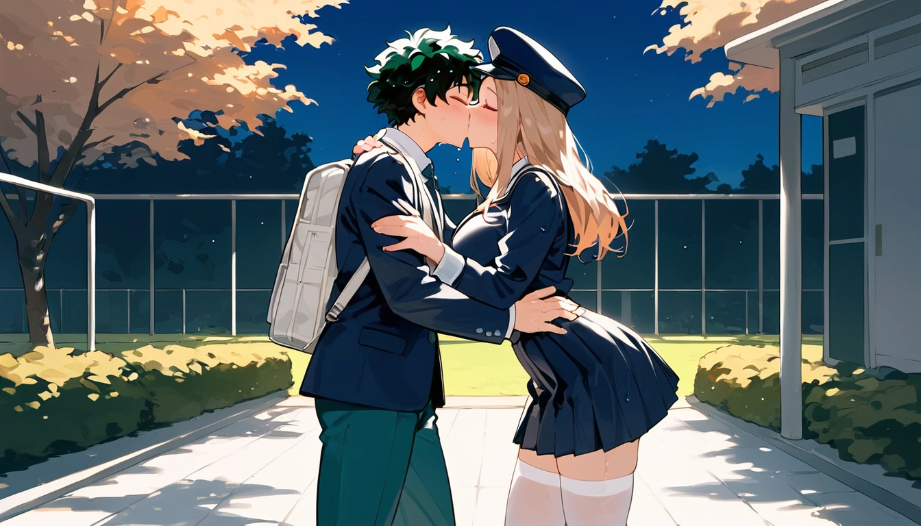 anime artwork, score_9, score_8_up, score_7_up, score_6_up, score_5_up, score_4_up, r,Camie Utsushimi, light brown hair, dark brown eyes,, breasts, , big breasts, (school uniform:1.2), standing, cap, she is 24 years old, wet whirt, ,horny, , , white stockings, style_3, 1boy, Izuku Midoriya, kissing, outdoors, , blush, wet, dark atmoshpere, closed eyes, evening, , his hands on her hips
