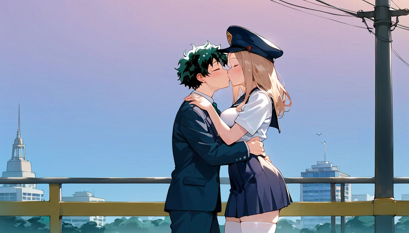 anime artwork, score_9, score_8_up, score_7_up, score_6_up, score_5_up, score_4_up, r,Camie Utsushimi, light brown hair, dark brown eyes,, breasts, , big breasts, (school uniform:1.2), standing, cap, she is 24 years old, wet whirt, ,horny, , , white stockings, style_3, 1boy, Izuku Midoriya, kissing, outdoors, , blush, wet, dark atmoshpere, closed eyes, evening, , his hands on her hips