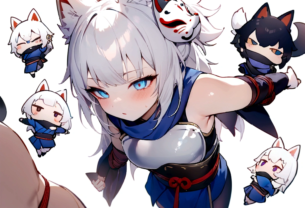 chibi,No sleeve、Bleaching、(masterpiece, best quality:1.2), 1girl, 独奏,Wolf girl, fox mask, ninja, girl, white hair, odd eyes, blue kimono, ninja girl, red and blue scarf,Chibi Character、White background, fantastic atmosphere.White background、、Black fox mask、Fisheye Lens、hair、Bandage on chest、boy、Black fox mask、Bondage breastplate