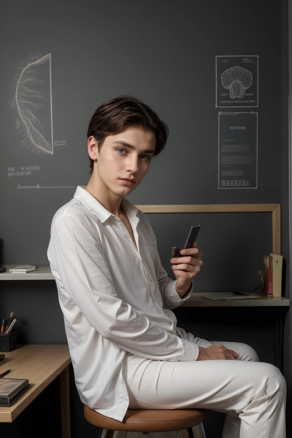 A beautiful young man, male, a cute twink, with black hair and a face with make-up, wearing a long-sleeved white shirt and aqua blue pants, and he is in his office, and behind him is a blackboard on which is written the shape of the brain and its anatomy, and nuclear energy comes out of it, and he has a face with make-up and his eyes.  There are dark circles underneath while he is sitting, looking innocent, with a beautiful face with make-up and a neuroscience book in his hand