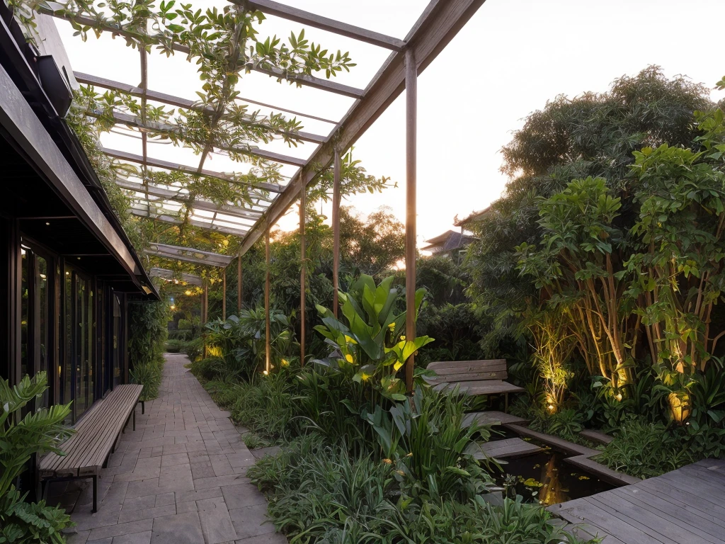 Corridor outside, outdoor, beautiful tropical landscape cafes, stunning flowers, a small pond, benches outside , beautiful lighting, sunset