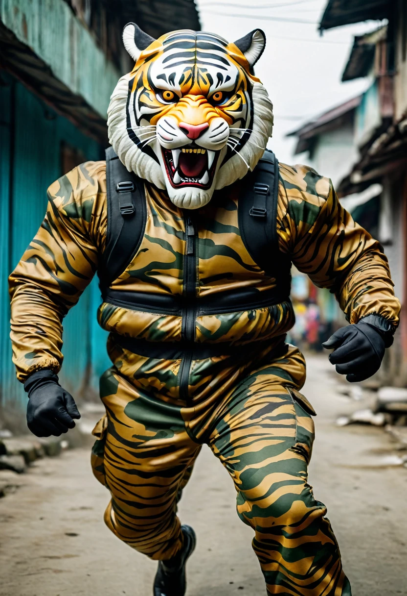 (a dark-skinned fat muscular old man in a bulky army camouflage zipper diver suit) running and shooting with a rifle, (wearing realistic roaring siberian tiger mask), muscular, Bruce Onobrakpeya, sumatraism, stanley artgermm, action, heroic, fierce, snarling