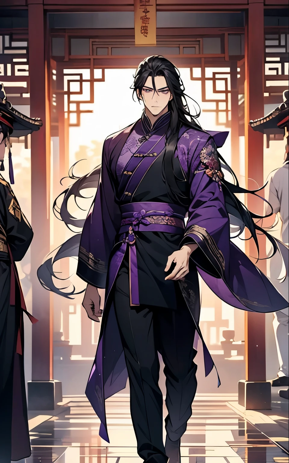 1 middle-aged man, (45 years old), long black hair, violet eyes, chinese clothes, (!PURPLE! clothes), available at purple chinese room walking, full body