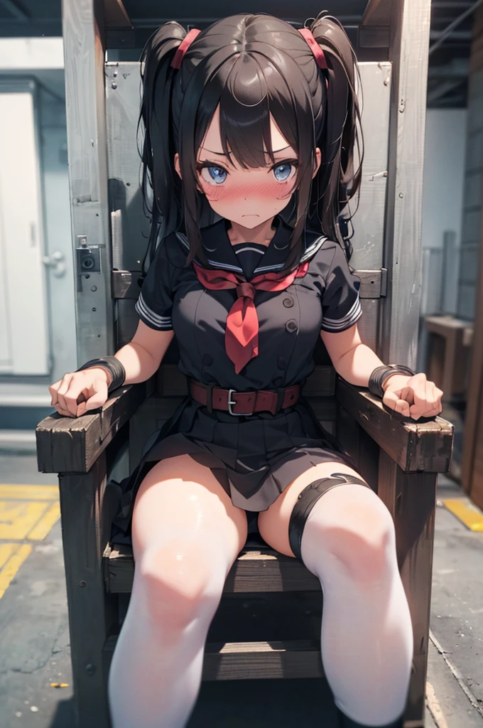 3 girls, ((squeezed together, inside tiny cube, strapped to chairs)), (open legs:1.5), (sitting:1.5), (blushing:1.8), (bondage chair:1.5), (inside torture room:1.5), ((basement, metal room)), (((3 girls, group of girls))), (inside tiny cube, tightly packed), arms to sides , wrist cuffs, ankle cuffs, (((shocked expression, struggling))), ((short sleeve, sailor uniform, mini skirt, tight clohing)), arms to sides, long hair, dark hair, saphire eyes, perfect body, perfect face, detailed face, (((detailed eyes))), image taken from afar
