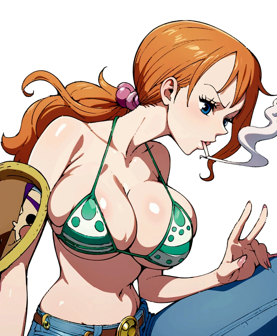 a cartoon picture of a woman in a bikini top and jeans, nami one piece, nami from one piece, nami, beautiful portrait of nami, from one piece, oppai, blue eyes, smoking, ponytail, nsfw