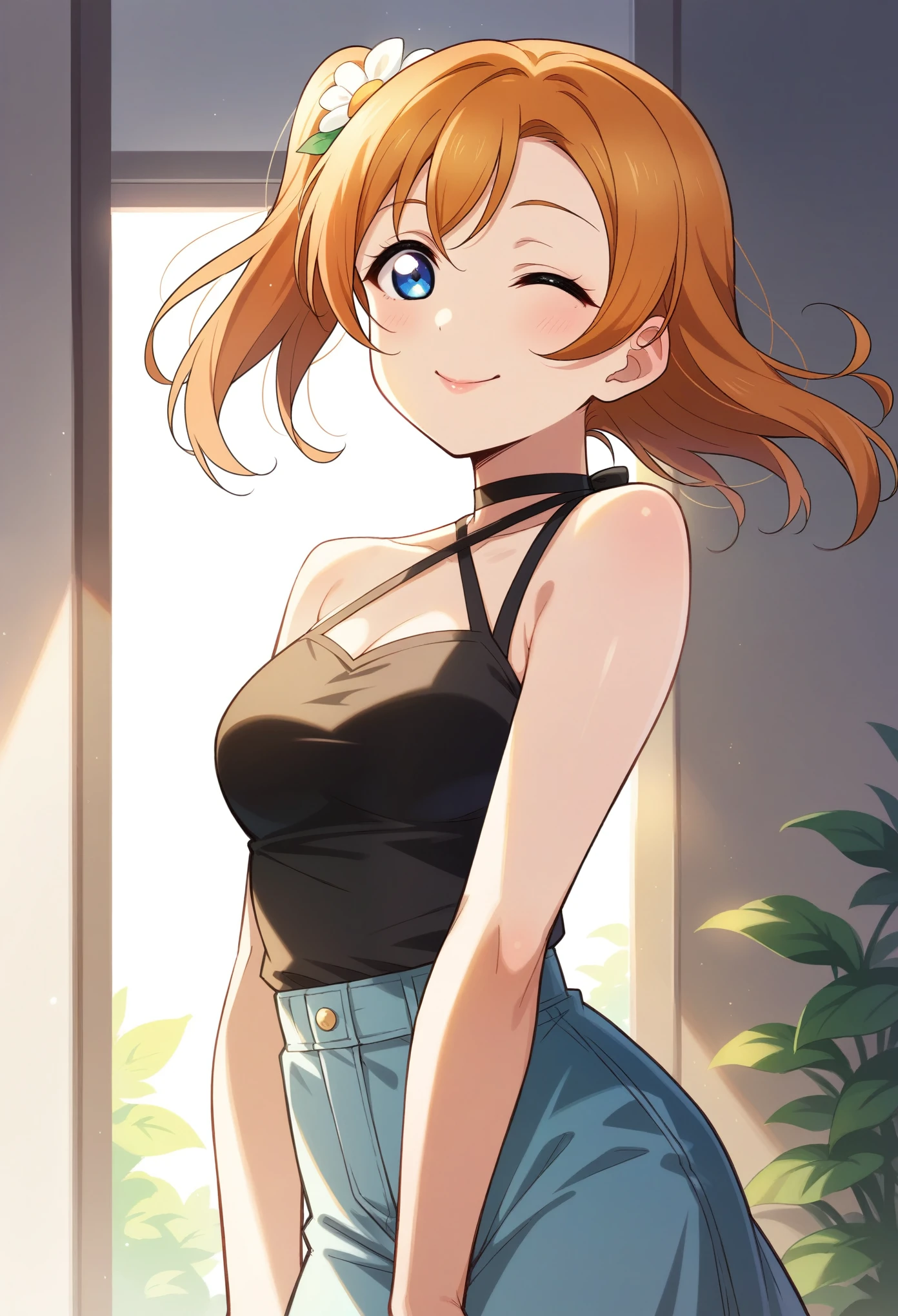 Honoka kousaka love live, blue eyes, orange hair,hair flower, solo, Fashion , bshoulders, perfect eyes, Perfect iris，Perfect skin，Soft front light，Casual，indoors；（pastel colour:1.2）, halter neck,thin straps , sexy, cowboy shot,(lipstick:0.8),pose,wink