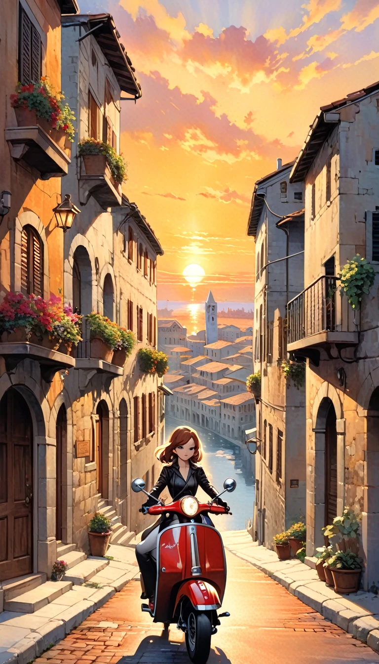 street of a classic Italian stone town: 1.5, sunrise, great detail of buildings, towers, 1girl, pretty 1girl on 1scooter in the scene (art inspired by Bill Sienkiewicz). oil painting)
