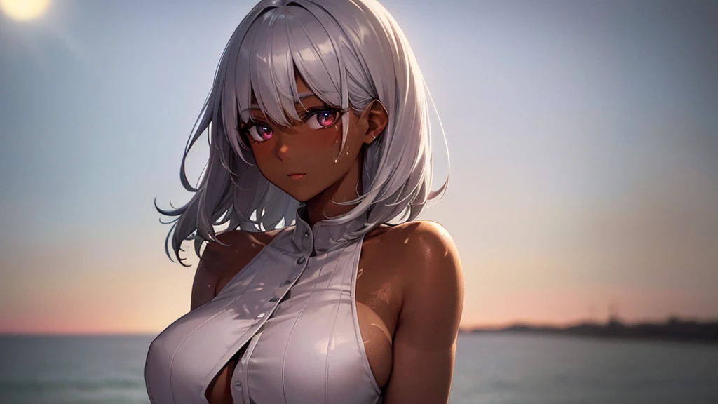 Highest quality, 8K, 4K, High resolution, High Contrast, The upper body is visible,1girl,only,Beautiful silver hair,Medium Hair,(Beautifully detailed face),Red, clear eyes,Upper Eye,She has big breasts,20generation, (((Dark skinned women, Sunburned)))