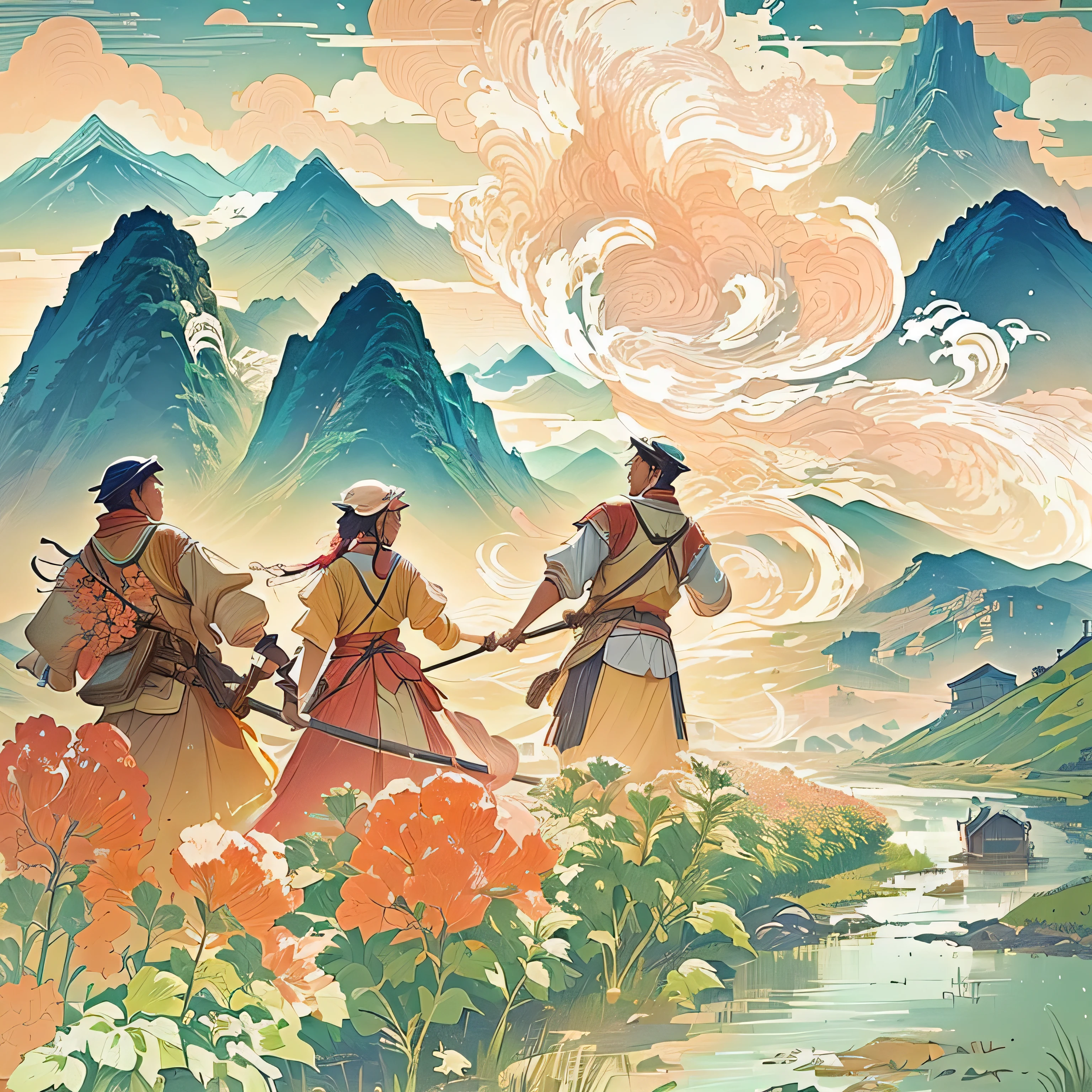 Three people standing and farming，Picturesque scenery on the river，Mountains in the background, Defeat Nge! Soft colors,  cmyk color palette, Chinese style，illustration