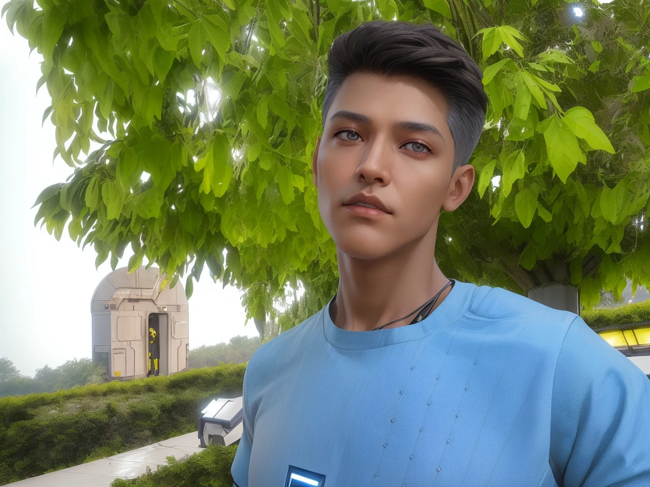 fking_scifi, award-winning photo of a man, black flight suit with yellow accents, brown hair, (gray eyes:1.35), square jawline, asymmetric face, standing in front of a window on a space ship, 80mm, bokeh, mass effect, close up, fking_cinema_v2