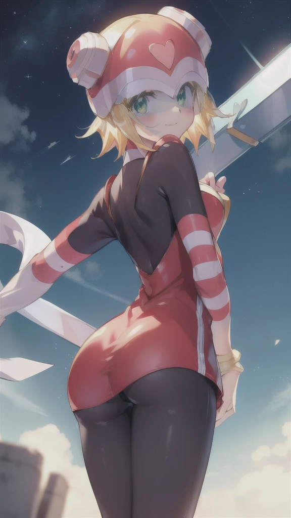 masterpiece,Highest quality,One girl,Harp Notes_Mega Man,Blonde,short hair,Bodysuits,heart,((Helmet)),Green Eyes,smile,Leaning forward,Put your arms behind your back,View your viewers,