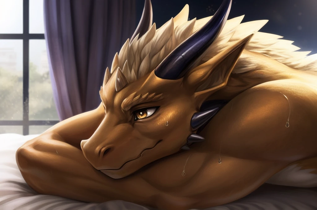 Publaz, Golden Dragon, golden fur, two tones, gold eyes, (muscled body), Perfect eyes, elegant, beautiful,(Wearing a pair of sheer white shorts.), lying on the bed, express, bedroom background,(close up),(melancholic look:1.4),look at the screen,dragon horn,dragon tail,different students,perfect masterpiece,(16k),white belly,Alone,((strong)),(bedroom background),(sweat),obvious lump
