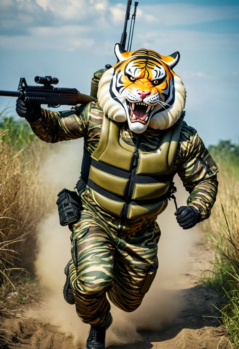 (a dark-skinned fat muscular old man in a bulky army camouflage zipper diver suit) running and shooting with a rifle, (wearing realistic roaring siberian tiger mask), muscular, Bruce Onobrakpeya, sumatraism, stanley artgermm, action, heroic, fierce, snarling