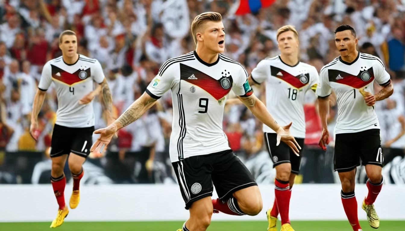 high quality, hyperdetailed, 3d, dynamic, dramatic lighting, highly detailed, photorealistic, 1 german male soccer team, soccer players, athletes, football, soccer, team, sports, sports uniforms, soccer jerseys, cleats, soccer ball, soccer field, stadium, crowds, cheering fans, flags, banners, action pose, muscular figures, sweat, motion blur, depth of field, germnan flag on jersey, (Toni Kroos)