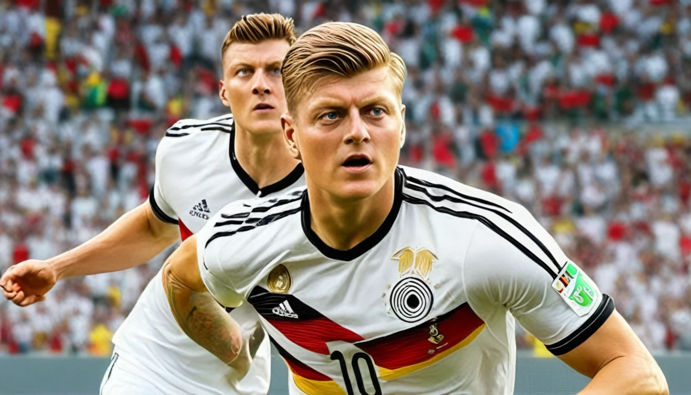 high quality, hyperdetailed, 3d, dynamic, dramatic lighting, highly detailed, photorealistic, 1 german male soccer team, soccer players, athletes, football, soccer, team, sports, sports uniforms, soccer jerseys, cleats, soccer ball, soccer field, stadium, crowds, cheering fans, flags, banners, action pose, muscular figures, sweat, motion blur, depth of field, germnan flag on jersey, (Toni Kroos)