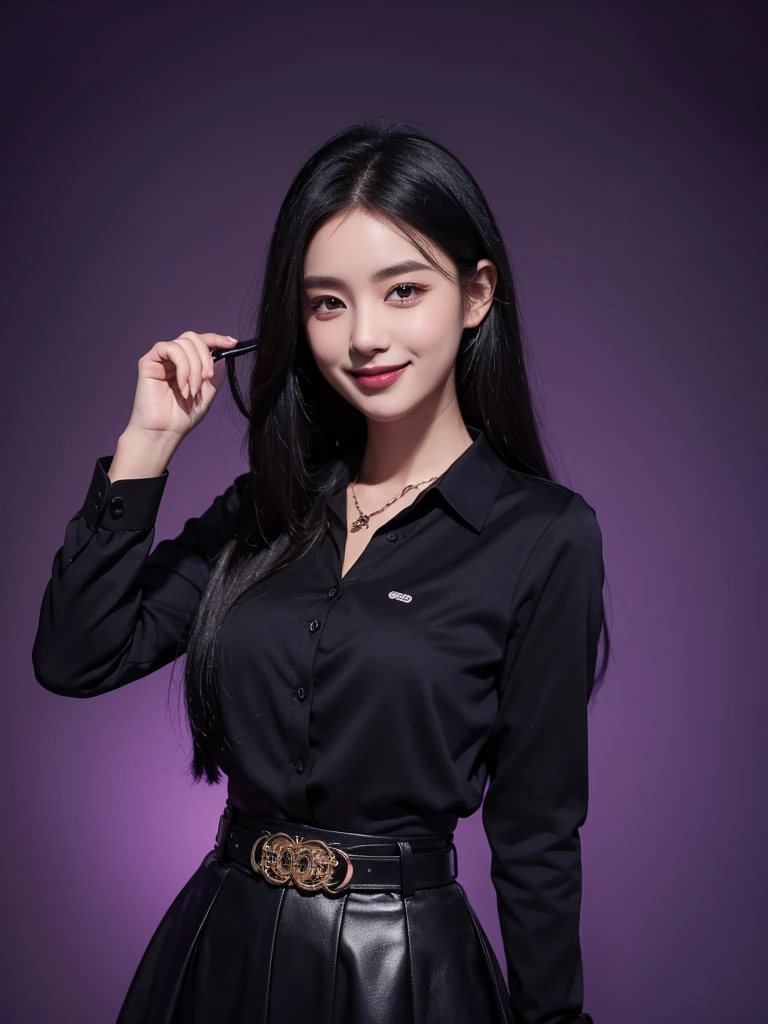 1 girl, black long hair,dark purple shirt with collars, long sleeve, black skirt, tie, belt, standing, smile,neckless, purple background