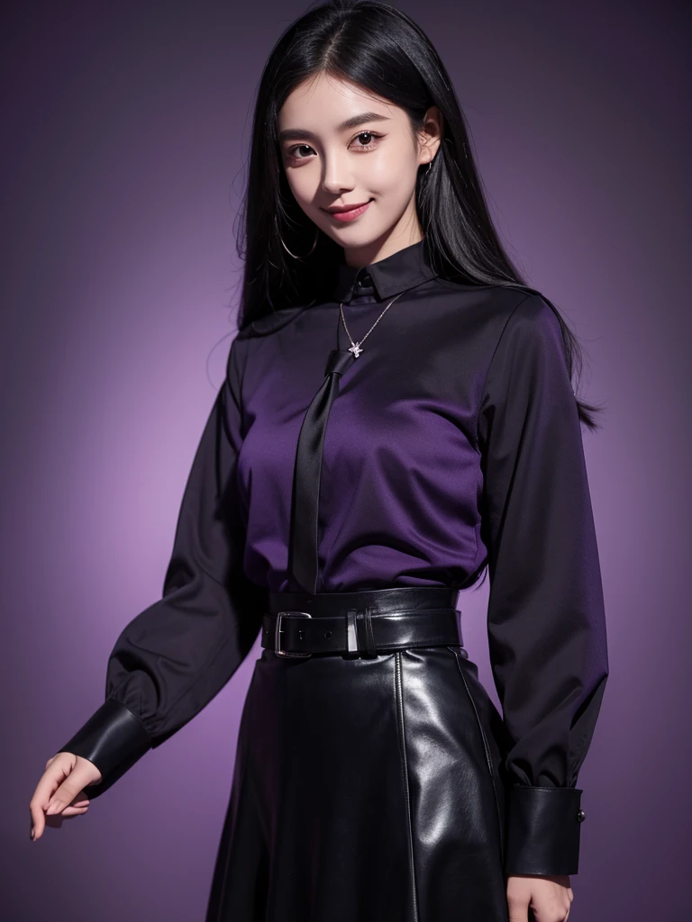 1 girl, black long hair,dark purple shirt with collars, long sleeve, black skirt, tie, belt, standing, smile,neckless, purple background