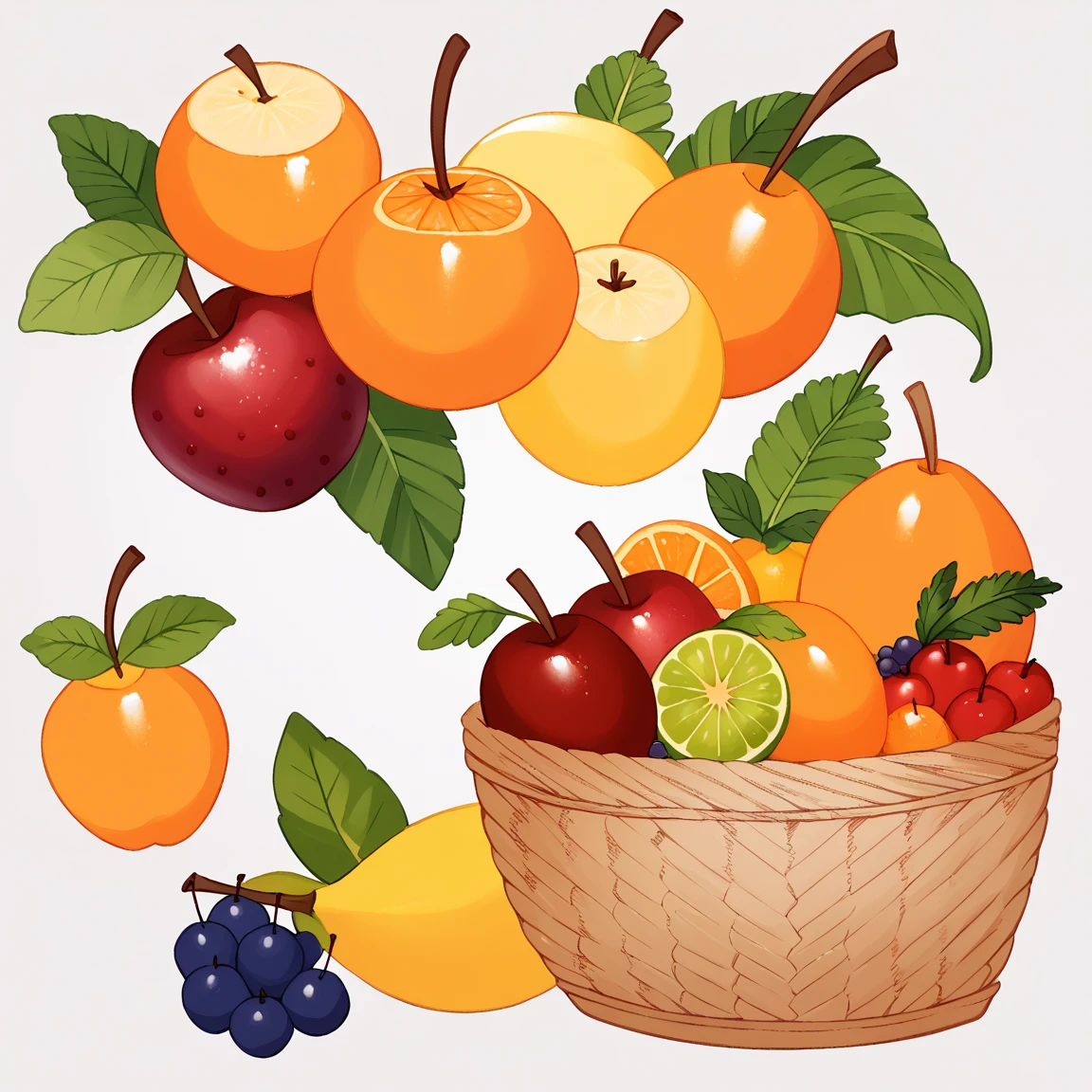 Create a vibrant minimalist watercolor painting featuring a variety of fruits including cherries, banana, mango, grape, avocado, blueberries, peaches, oranges, raspberries, and strawberries arranged in and around a rattan basket. The composition should include lush green leaves as accents, with the fruits rendered in rich, juicy colors that convey their freshness and sweetness. The background should be clear isolated with ultra white transparent background.. ultra Realistic. Masterpiece.