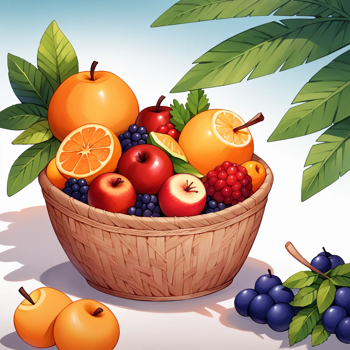 Create a vibrant minimalist watercolor painting featuring a variety of fruits including cherries, banana, mango, grape, avocado, blueberries, peaches, oranges, raspberries, and strawberries arranged in and around a rattan basket. The composition should include lush green leaves as accents, with the fruits rendered in rich, juicy colors that convey their freshness and sweetness. The background should be clear isolated with ultra white transparent background.. ultra Realistic. Masterpiece.