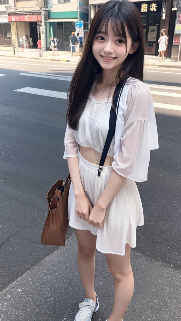 a full body Photo of a Japanese Girl on the Street in Summer. She is 24 years old as known as a member of Japanese Idol Nogizaka46 is smiling faintly. (Documentary photo Style, Digital Photo Medium, Natural Lighting, High Angle)