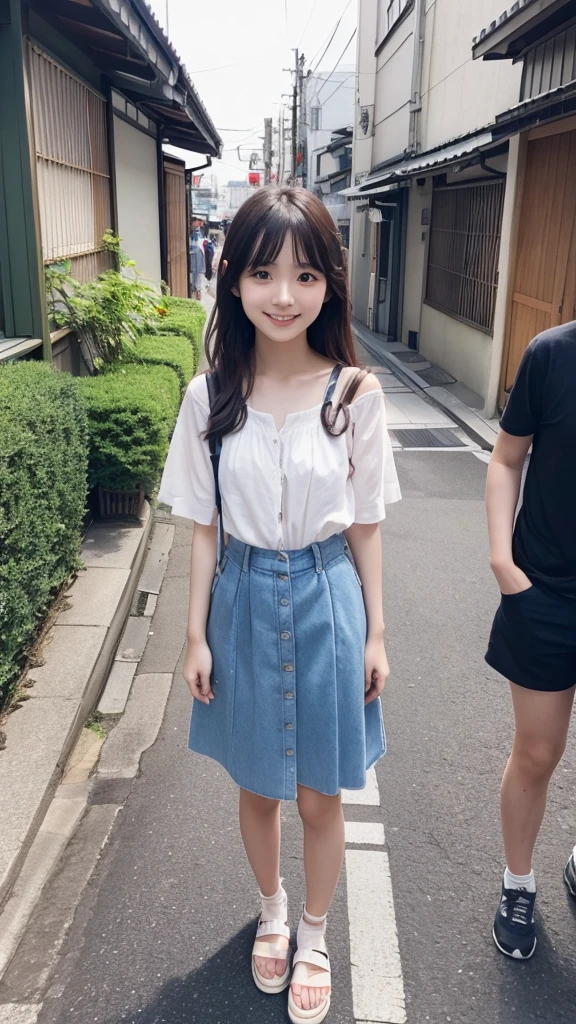 a full body Photo of a Japanese Girl on the Street in Summer. She is 24 years old as known as a member of Japanese Idol Nogizaka46 is smiling faintly. (Documentary photo Style, Digital Photo Medium, Natural Lighting, High Angle)