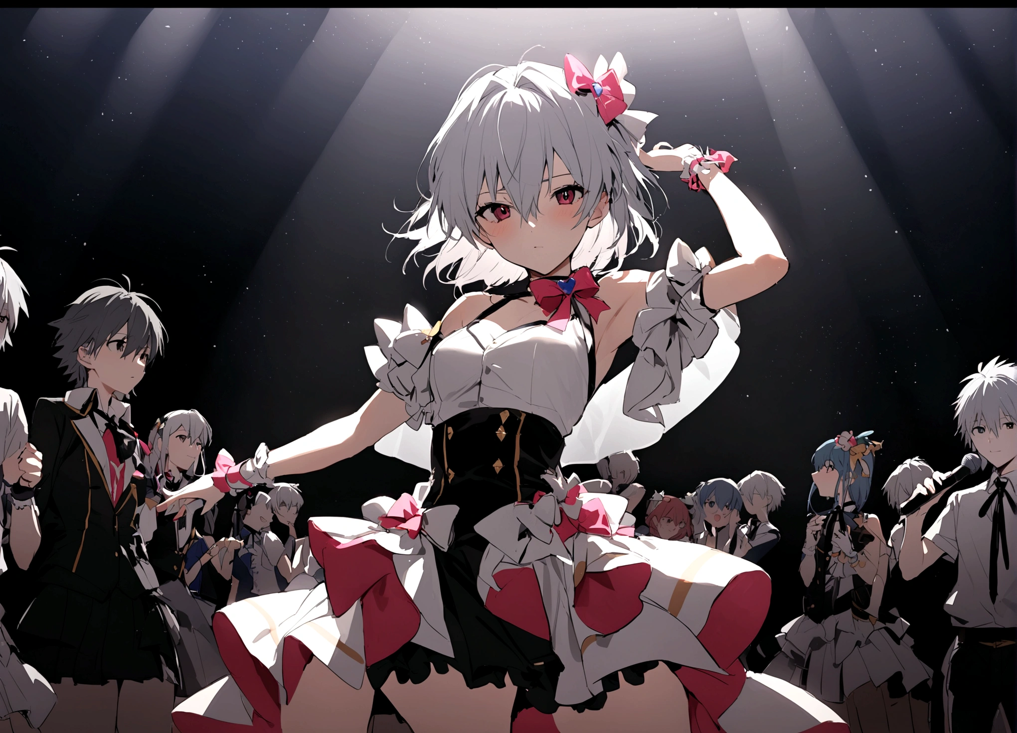 masterpiece, best quality, extremely detailed, evangelion kaworu nagisa, kaworu nagisa, genderbend, girl, seductive, hot, cute, idol, strong shining aura, cute idol clothes, alot of accessories, cute hair accessories, idol group member, (center, in middle, spotlight only kaworu), on stage, the prettiest member, multiple members, (focusing on kaworu, center)
