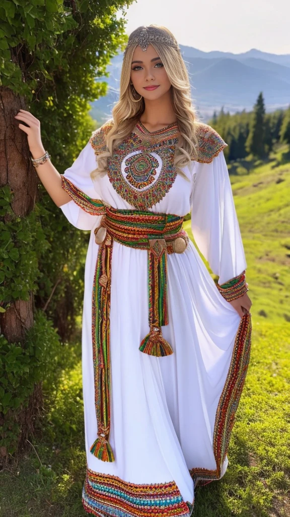 beautifull hot german blonde, robe kabyle, berber, amazigh dress, kabyledress, tizi ouzou, berber outfil, kabylegirl, bijoux, beautifull nature background, full body, realistic, maginta robes