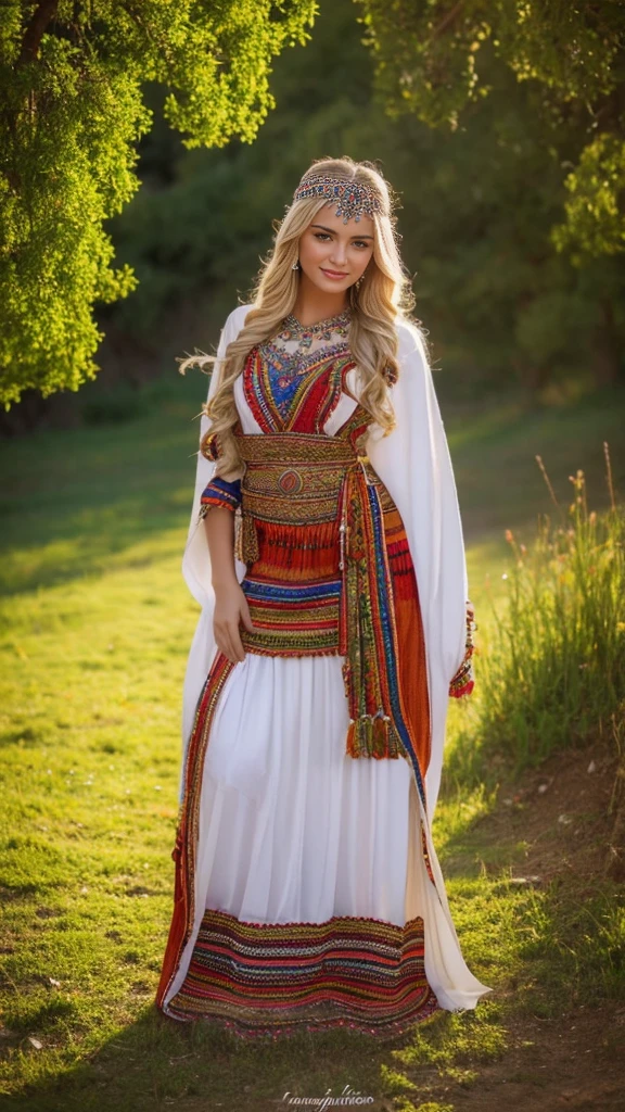 beautifull hot german blonde, robe kabyle, berber, amazigh dress, kabyledress, tizi ouzou, berber outfil, kabylegirl, bijoux, beautifull nature background, full body, realistic, maginta robes