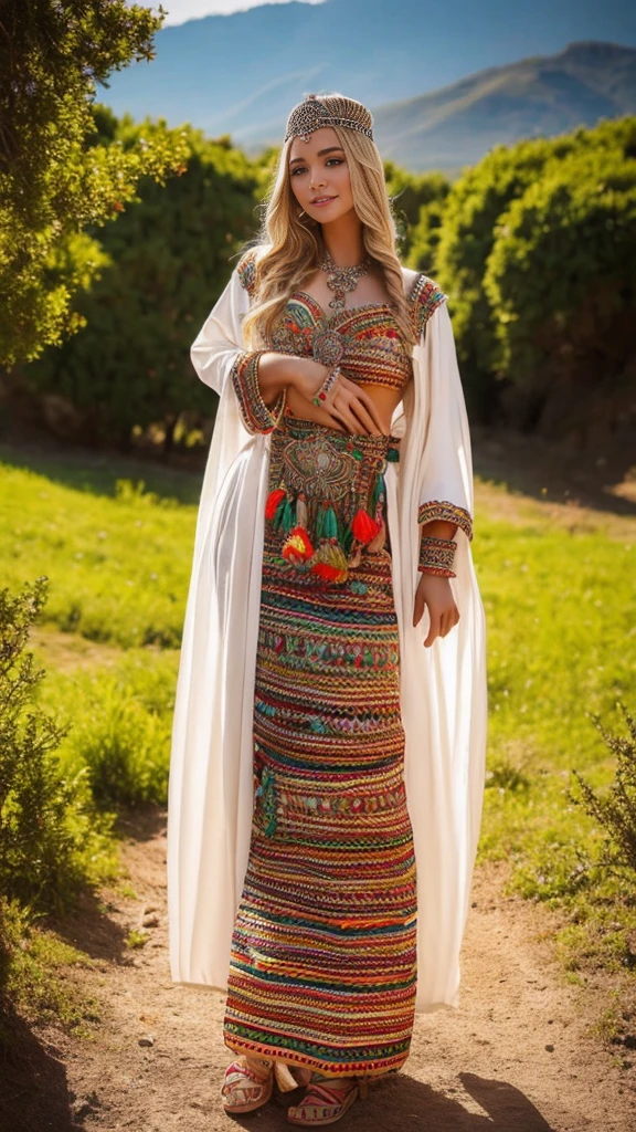 beautifull hot german blonde, robe kabyle, berber, amazigh dress, kabyledress, tizi ouzou, berber outfil, kabylegirl, bijoux, beautifull nature background, full body, realistic, maginta robes