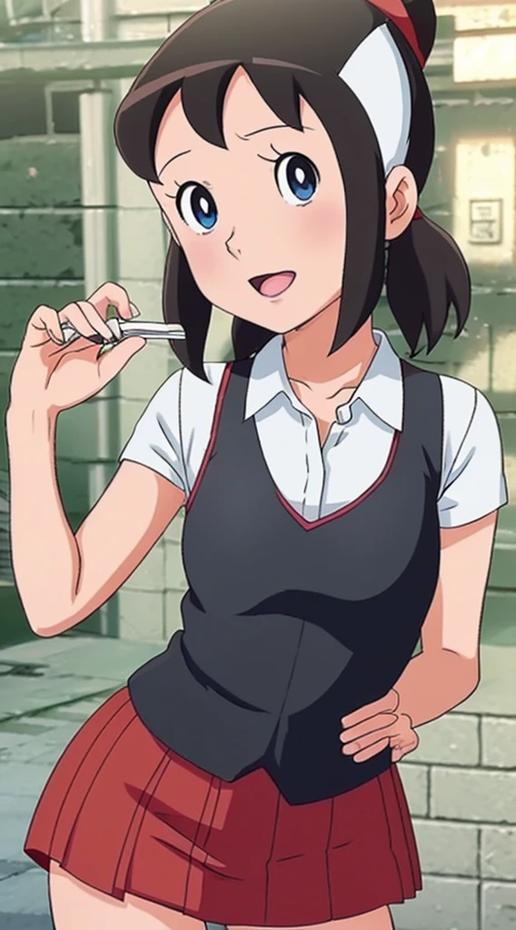 anime girl with black red hair and blue eyes wearing a vest, shizuka,hot,render of april, sayori, close up iwakura lain, 8k portrait render, render of a cute 3d anime girl, photorealistic anime girl render, smooth anime cg art, close up of a young anime girl, anime visual of a cute girl, rin, anime moe artstyle