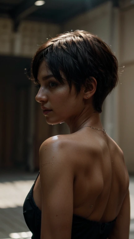 (ultrahd), (realistic), (real skin texture), a short hair woman image taken from the back, (soft light), (cinematic light), 