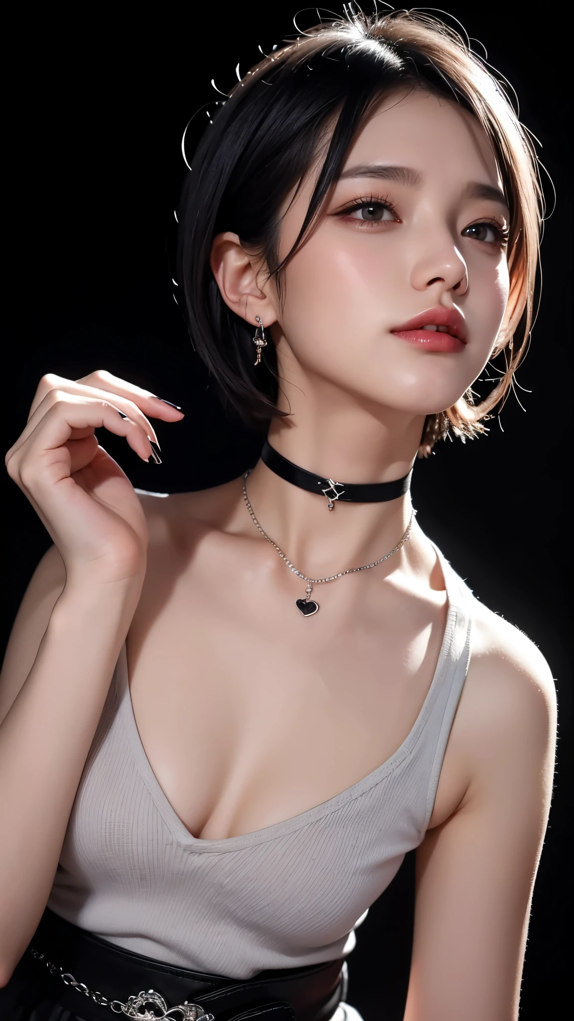 necessity, alone, 1 girl, 검은 Fingernail, jewel류, Short hair, looking at viewer, choker, necklace, piercing, ((black background)), heart mark, closed mouth, gray eyes, manicure, simple background, gray hair, ear piercing, Black choker, laugh, Eyelashes, Lips, raise one's arms, forehead, bracelet, bead, jewel, earring, Fingernail