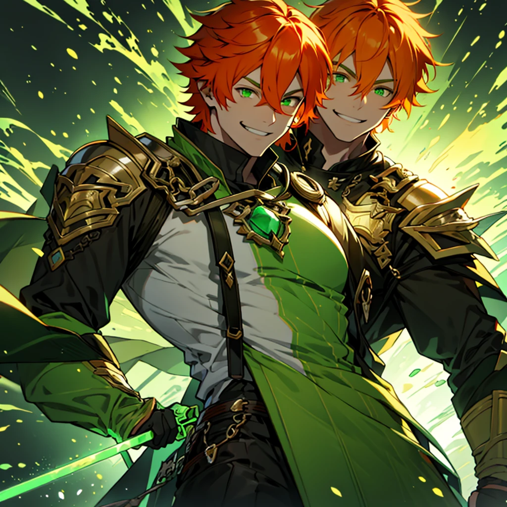 A man, orange hair, green eyes, green colored flame on his left eye, smiling widely, holding greatsword on his shoulder, wearing leather armor.