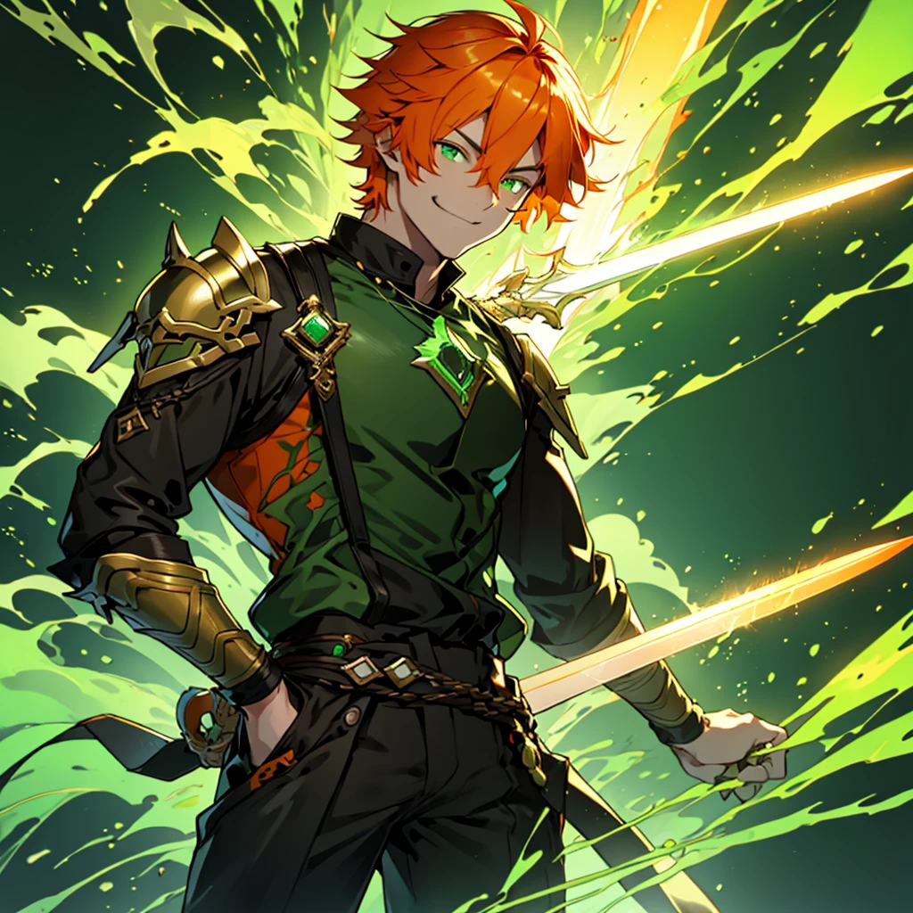 A man, orange hair, green eyes, green colored flame on his left eye, smiling widely, holding greatsword on his shoulder, wearing leather armor.