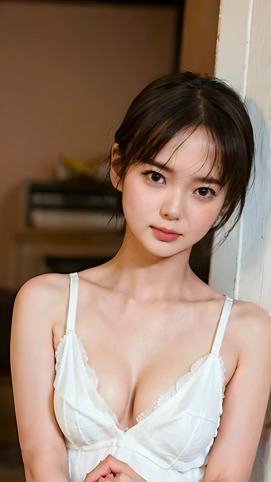 (8k、RAW Photos、highest quality、masterpiece:1.2)、(Realistic、Realistic)、1 Japanese girl、(Short hair)、((Black Hair))、((White Lingerie))、((Petite Woman))、(((Small Breasts)))、Lots of eyelashes、Glowing eyelids、skeletally correct