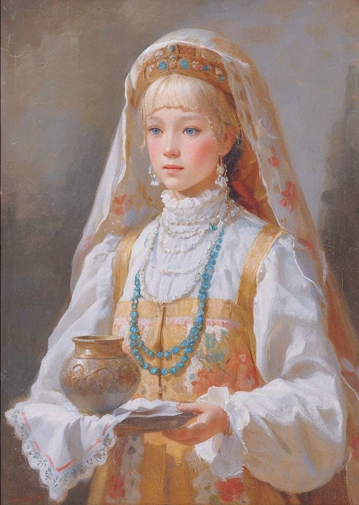 draw a young rich girl from Russia of the 15th century in a sundress with a braid, maybe a merchant’s daughter
Slavs, village, simple girl, ethnic motifs, blonde, long braid