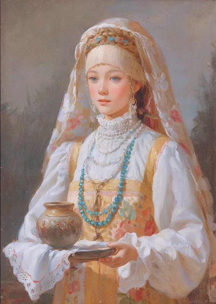 draw a young rich girl from Russia of the 15th century in a sundress with a braid, maybe a merchant’s daughter 
Slavs, village, simple girl, ethnic motifs, blonde, long braid