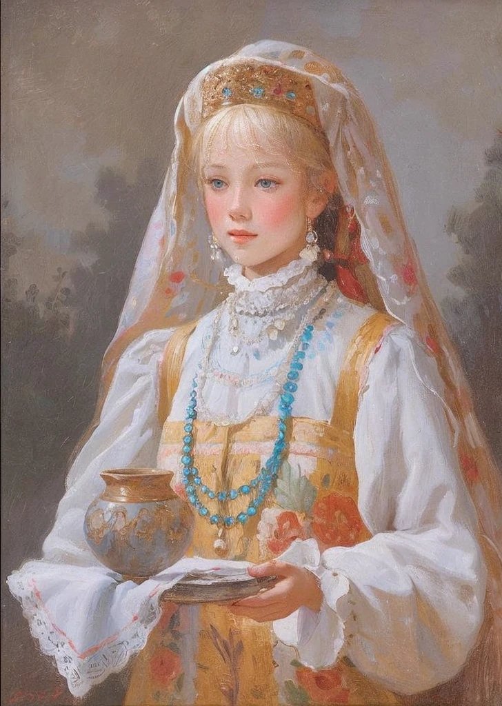 draw a young rich girl from Russia of the 15th century in a sundress with a braid, maybe a merchant’s daughter
Slavs, village, simple girl, ethnic motifs, blonde, long braid
