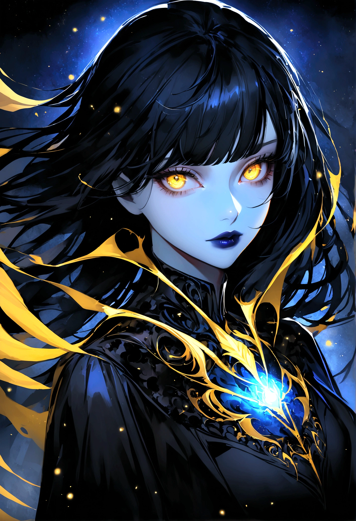 digital painting, we see a mysterious woman with glowing yellow eyes wearing a sleek black jacket. The intensity of her gaze captivates the viewer, giving her an otherworldly and enigmatic aura. The dark background enhances the striking contrast of her radiant eyes, creating a sense of intrigue and mystique. The image exudes a sense of futuristic and space-like vibes, as if the woman is a traveler from another planet. The cool color palette of blues and blacks adds to the overall atmospheric and captivating nature of the composition. Short black hair with straight cut bangs, dark lipstick, Blue skin, Half body portrait