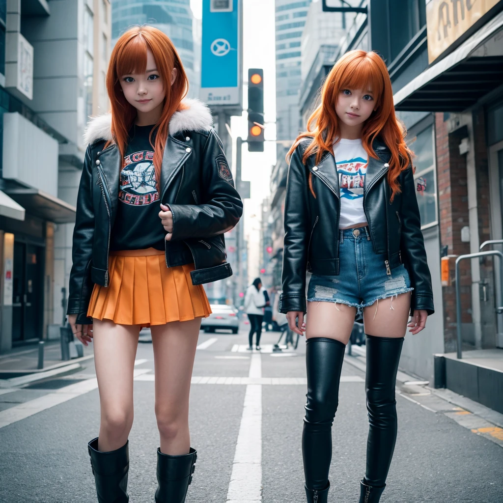 Elementary school girl，smile，Best Quality，Cyberpunk Girl，middle School girls，8K，Super detailed，Highest quality，cute，fluffy，Angel，Long Hair，leather jacket，Horny girl，Leather pants，fur jacket，blue eyes，美しいcute女の子，Horny girl，Leather shorts，Hands in pockets，Orange hair color，Latest Fashion