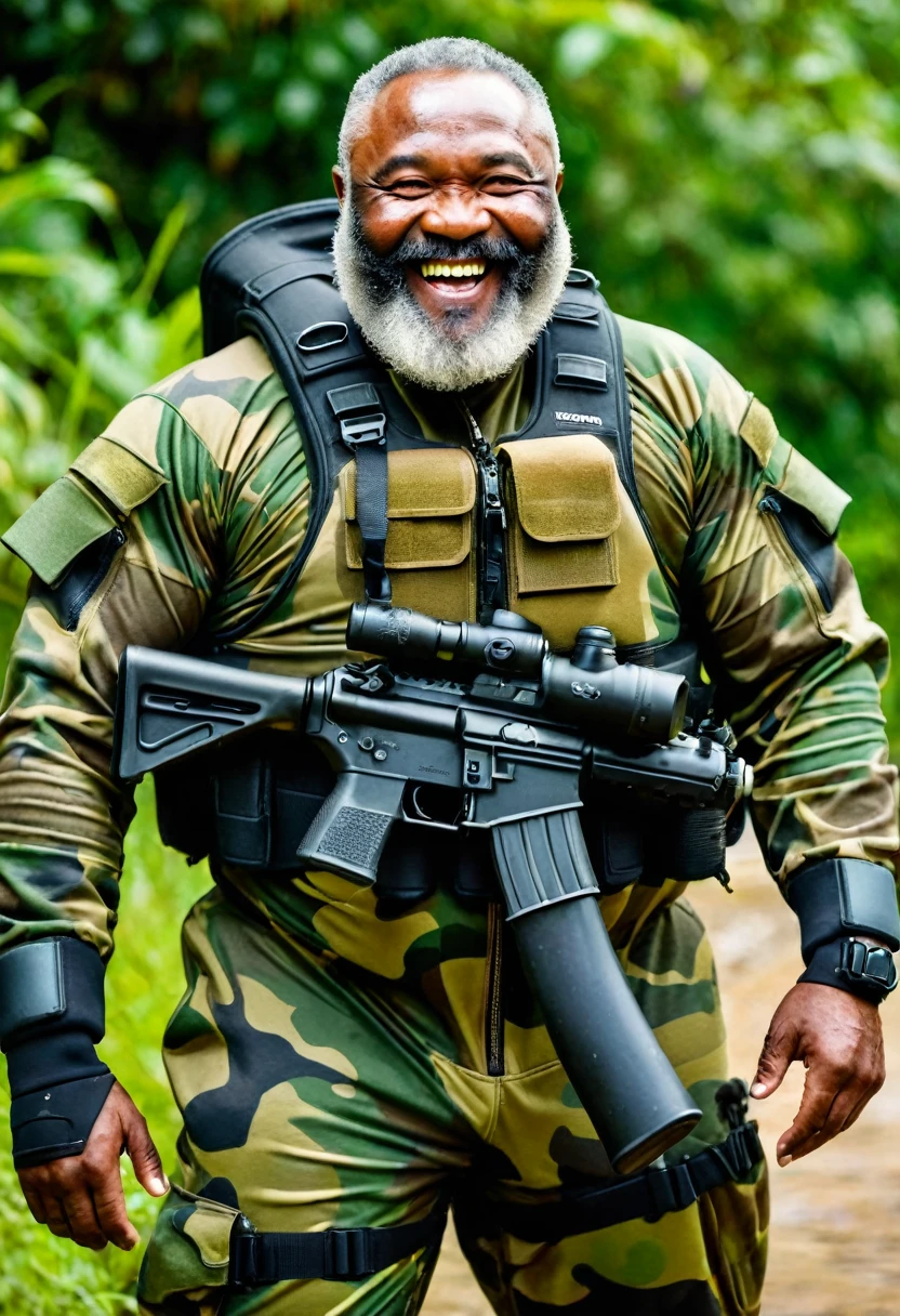 (a dark-skinned bearded fat muscular old man in a bulky army camouflage zipper diver suit) masturbating, thumbs up, carrying a gun, muscular, Bruce Onobrakpeya, sumatraism, stanley artgermm, action, heroic, fierce, smiling
