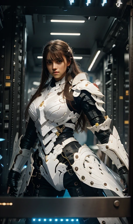 <realistic, intricate details, cinematic, 4k, uhd, ultrarealistic, photorealistic, insanedetails, masterpiece), a beautiful  gorgeous girl, with techno fantasy armour and pants, great sword in the back, lights effects 