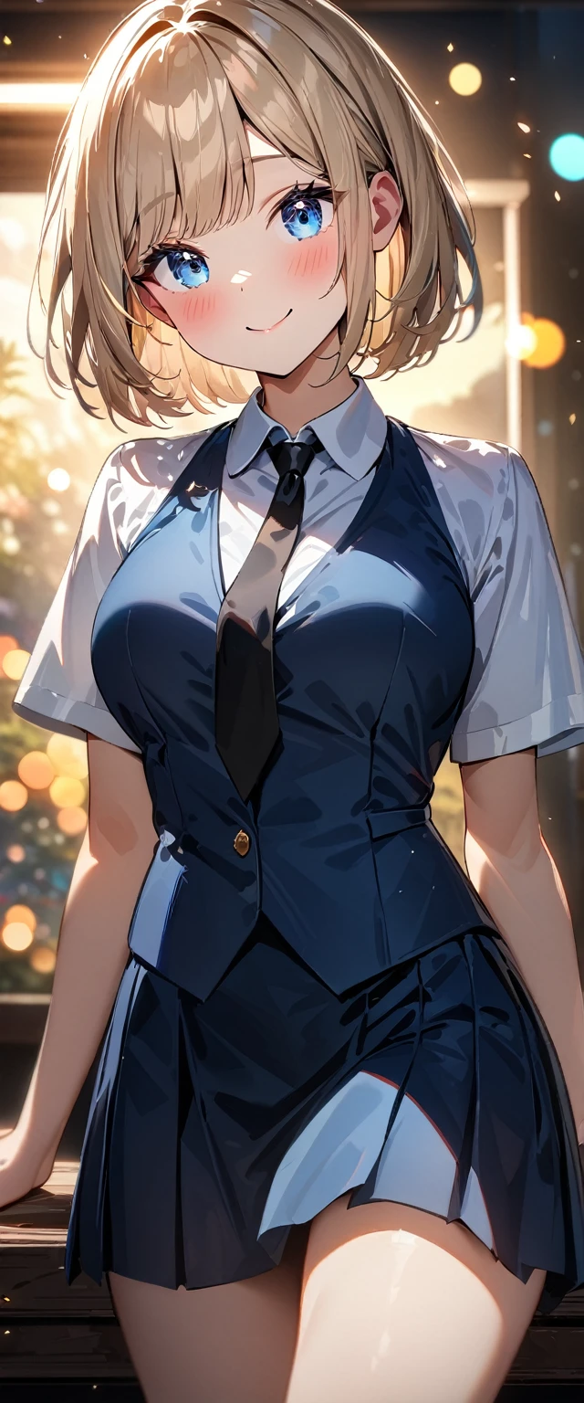 (((One girl))), blond hair, bob cut, (cowboy shot), (looking at viewer), face in focus, breasts, teenager, head tilt:1.3, (((blue eye))), ((happy smile)), ((blush)), school summer uniform, white shirts, ((black tie)), black skirt, black waistcoat, anime style, (best quality, 4k, 8k, highres, masterpiece:1.2, ultra-detailed, ultra-detailed eyes, HDR, UHD, studio lighting, ultra-fine painting, sharp focus, physically-based rendering, extreme detail description, professional, vivid colors, bokeh)