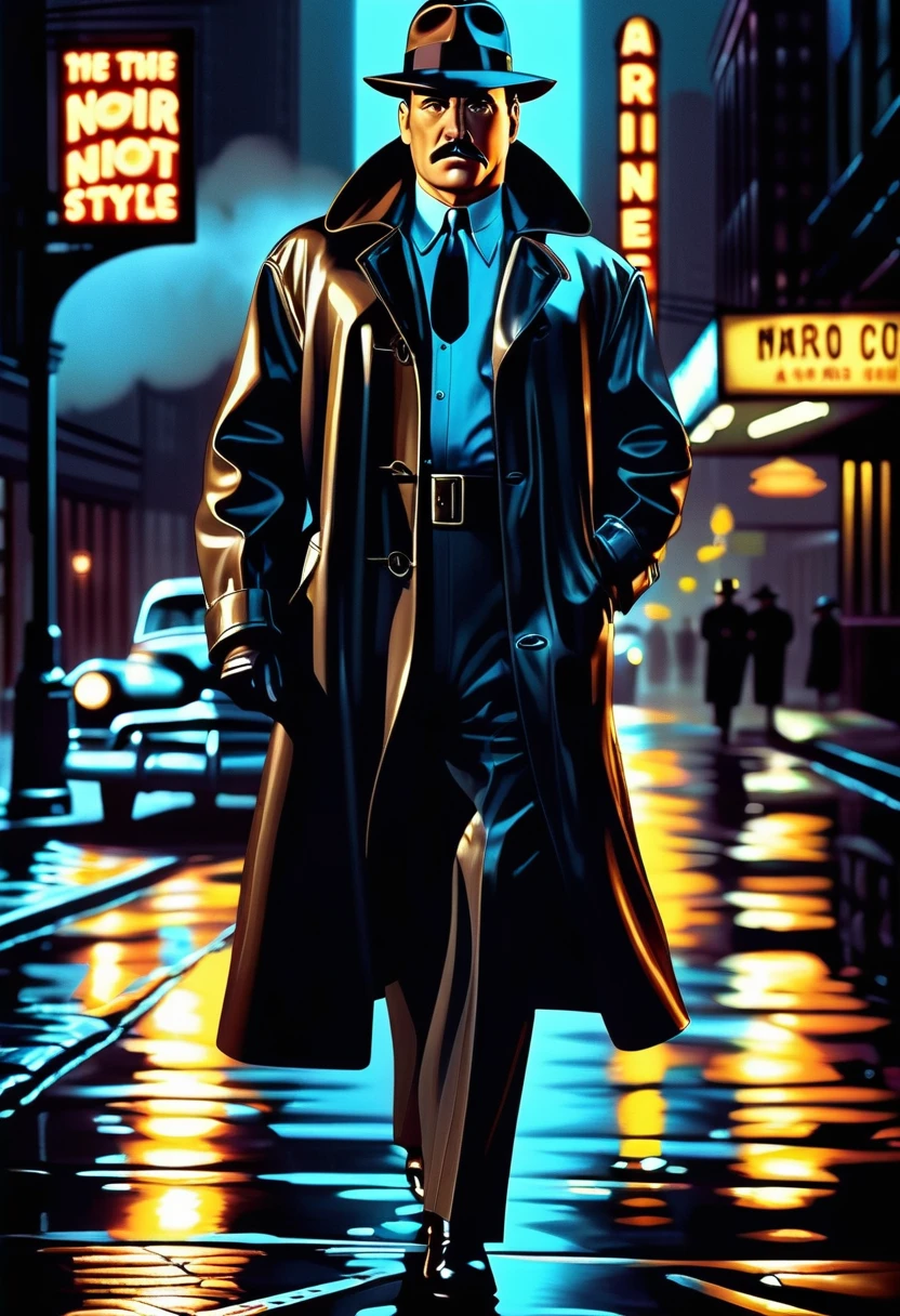 (((((((((masterpiece, best quality: 1.2), detailed whole body, Detective Mike Torello in a black leather raincoat, mustache, (Muted colors: 1.2, dark studio, edge lighting, two-tone lighting, muted lighting, restrained tone),
Poster of the 1950s, (Noir style), Detective, (noir atmosphere:1.7), gloomy atmosphere, emphasis on noir colors,
1950s (/style game/),Chicago, Illinois, (detective) He put on his raincoat and stepped out into the cold night air, ready to follow the criminal wherever she led.
The trend on ArtStation and the trend on CGSociety are complex, highly detailed, dramatic, photorealistic drawings by Midgourney and Greg Rutkowski.