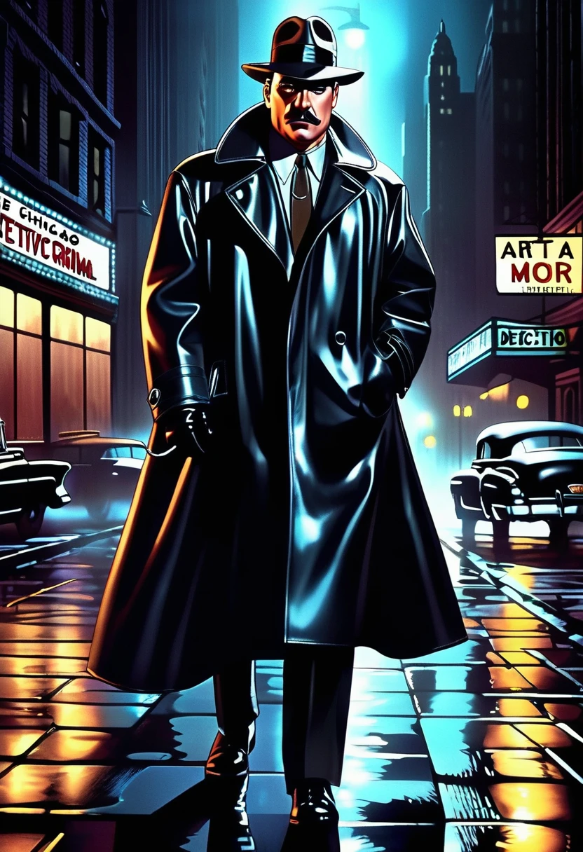 (((((((((masterpiece, best quality: 1.2), detailed whole body, Detective Mike Torello in a black leather raincoat, mustache, (Muted colors: 1.2, dark studio, edge lighting, two-tone lighting, muted lighting, restrained tone),
Poster of the 1950s, (Noir style), Detective, (noir atmosphere:1.7), gloomy atmosphere, emphasis on noir colors,
1950s (/style game/),Chicago, Illinois, (detective) He put on his raincoat and stepped out into the cold night air, ready to follow the criminal wherever she led.
The trend on ArtStation and the trend on CGSociety are complex, highly detailed, dramatic, photorealistic drawings by Midgourney and Greg Rutkowski.