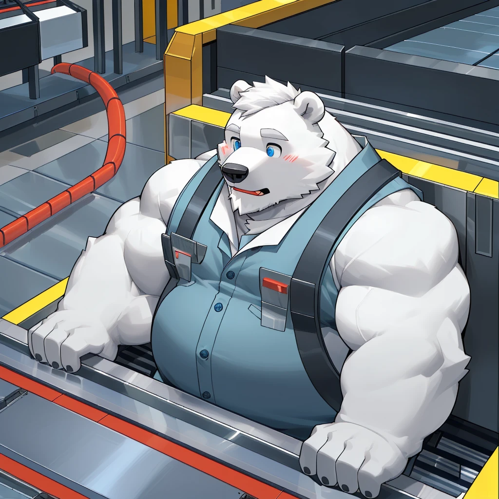 masterpiece, best quality, 8k resolution, Very detailed, hairy,(((polar bear)),(((Mature))),(((beard))),(((fat))),(((White hair all over body))),(((portrait))),(((White hair))),(((Toy factory))),For the audience,(((Worker clothing))),(((assembly line))),(((surprised))),Highest quality scene,(((whole body))),((( Blue Eyes))),(((Work while sitting))),(((Fat-enclosed muscle))),(((Round face))),(((alone))),(((Strong body))),(((conveyor belt))),(((conveyor belt上放着玩具)))