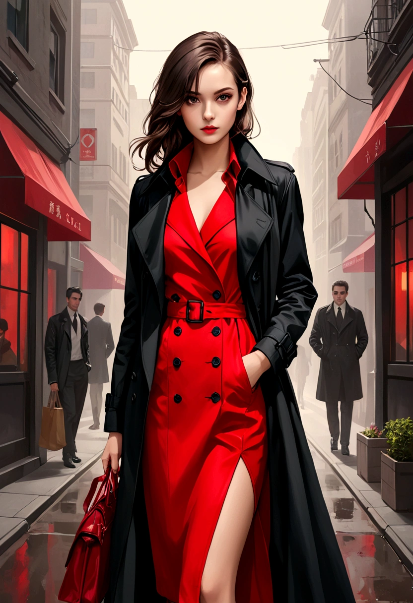 beautiful girl,Perfect body,Red slip dress,Black trench coat